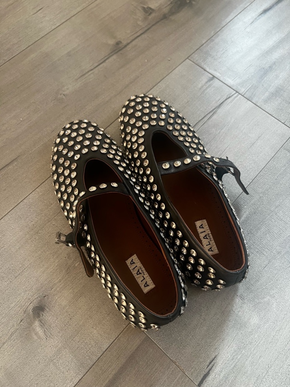 Alaia Black Leather Studded Mary Jane Flats